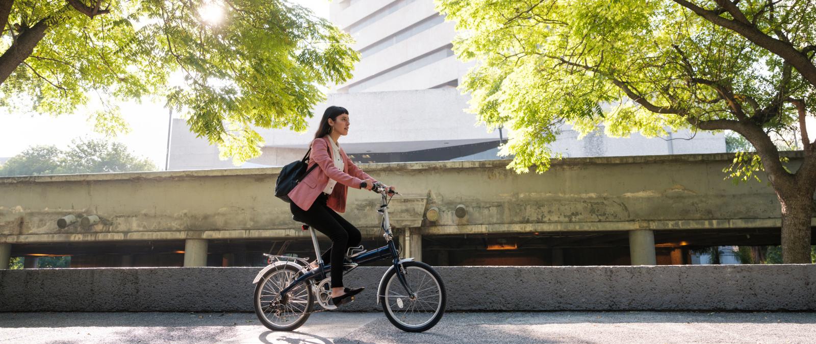 Frau auf dem Fahrrad im Hintergrund zwei Bäume