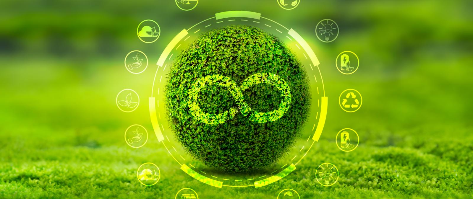 grüner Grasball mit Unendlichzeichen auf grünem Grashintergrund, Icons umgeben den Grasball