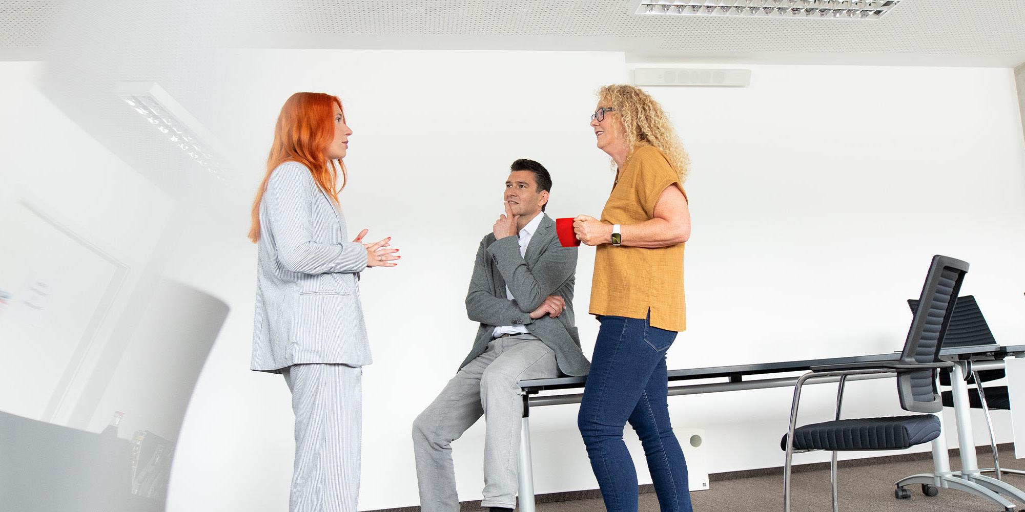 Gesprächssituation in einem Besprechungsraum, zwei Frauen und ein Mann