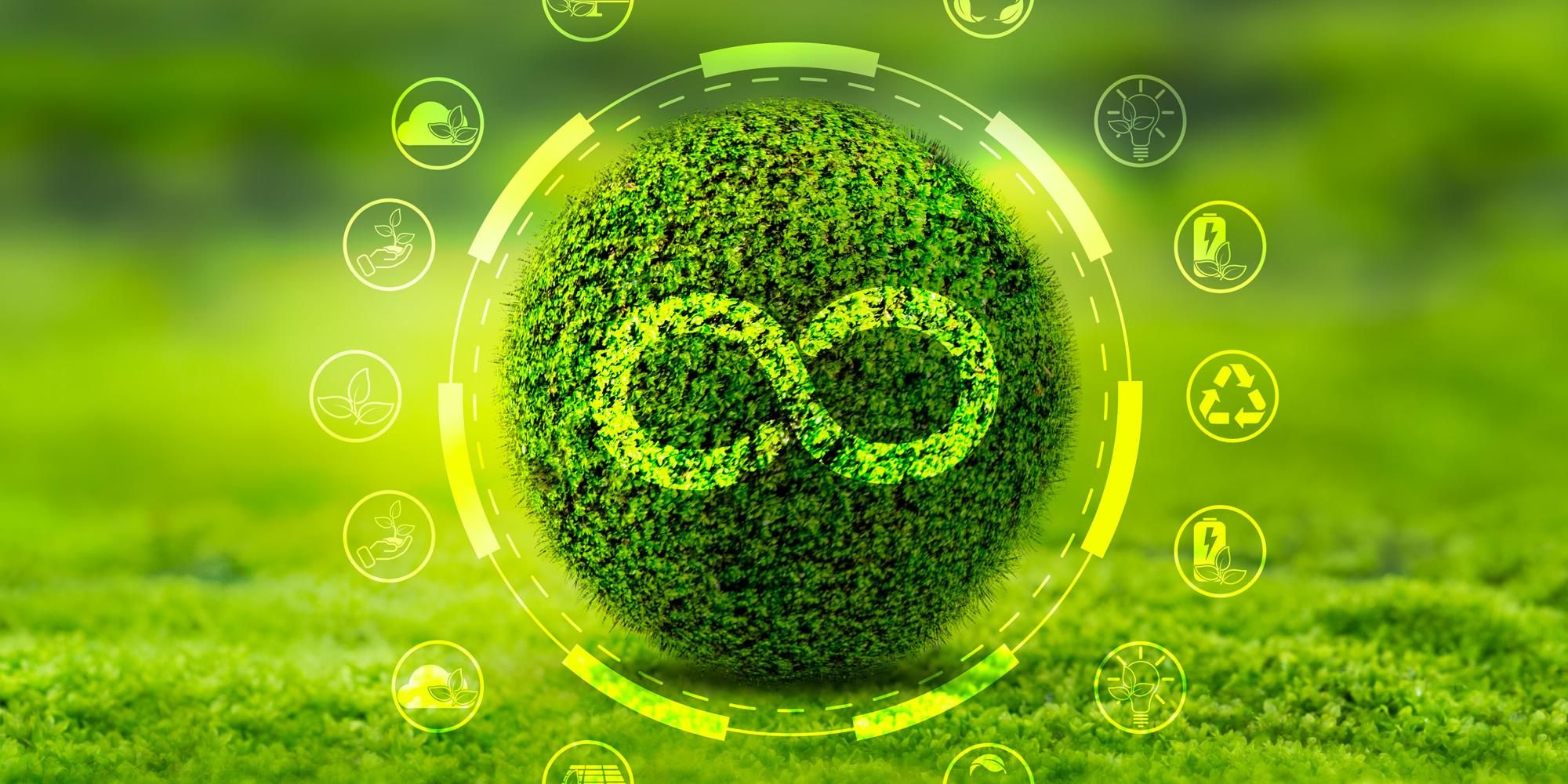 grüner Grasball mit Unendlichzeichen auf grünem Grashintergrund, Icons umgeben den Grasball