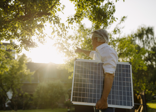 Mann unter einem Baum mit Solarpanel unterm Arm zeigt Richtung Sonne